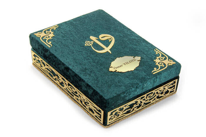 Special Elif Vav Plexi Decorated Gift Velvet Covered Boxed Quran Kerim Green - 4