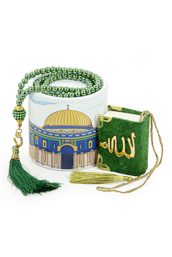 Specially Designed Cylinder Boxed Mini Quran with Pearl Prayer Beads Mevlüt Gift Set Green - 1