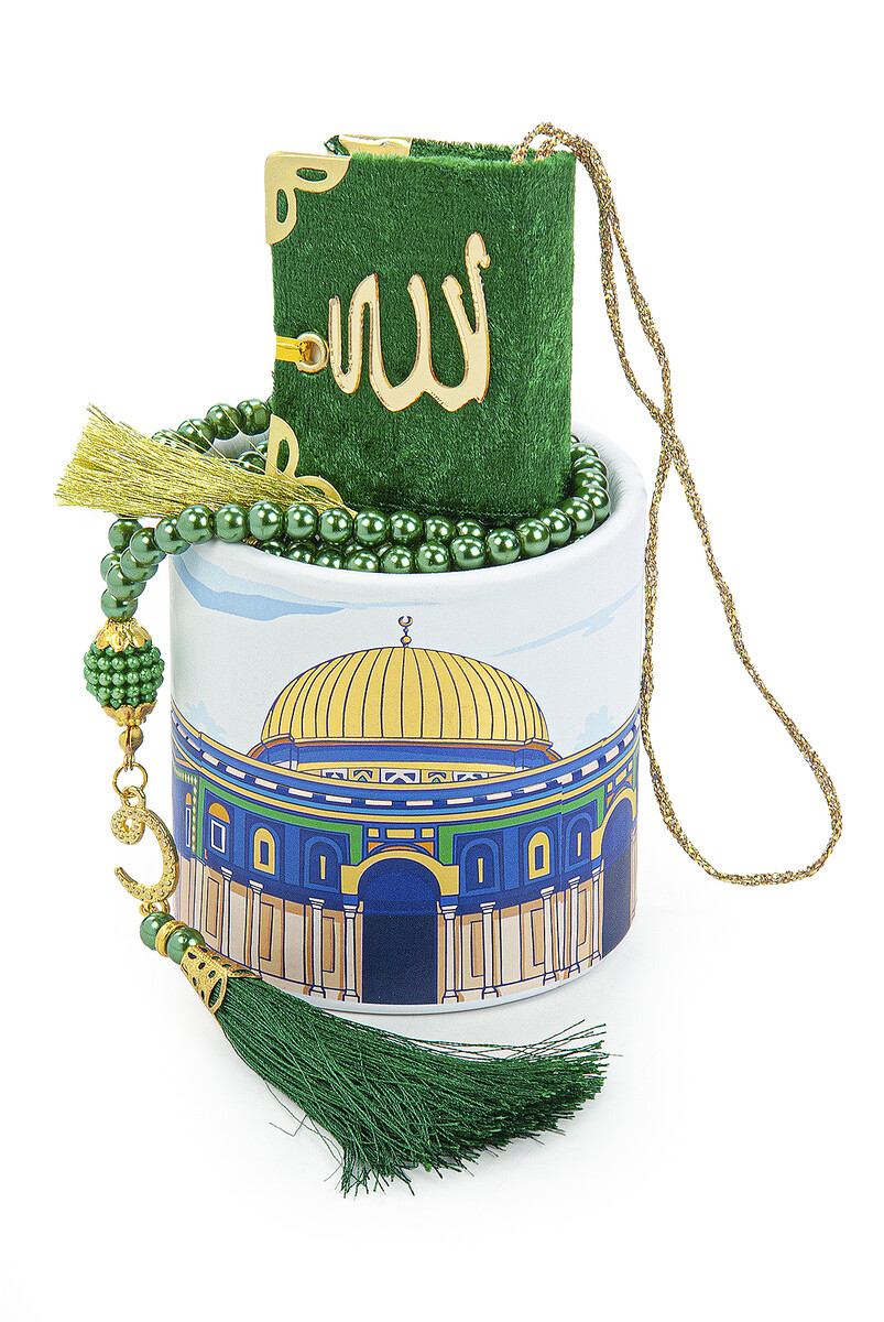 Specially Designed Cylinder Boxed Mini Quran with Pearl Prayer Beads Mevlüt Gift Set Green - 4