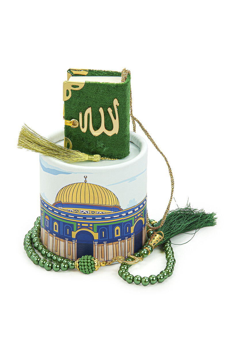 Specially Designed Cylinder Boxed Mini Quran with Pearl Prayer Beads Mevlüt Gift Set Green - 5