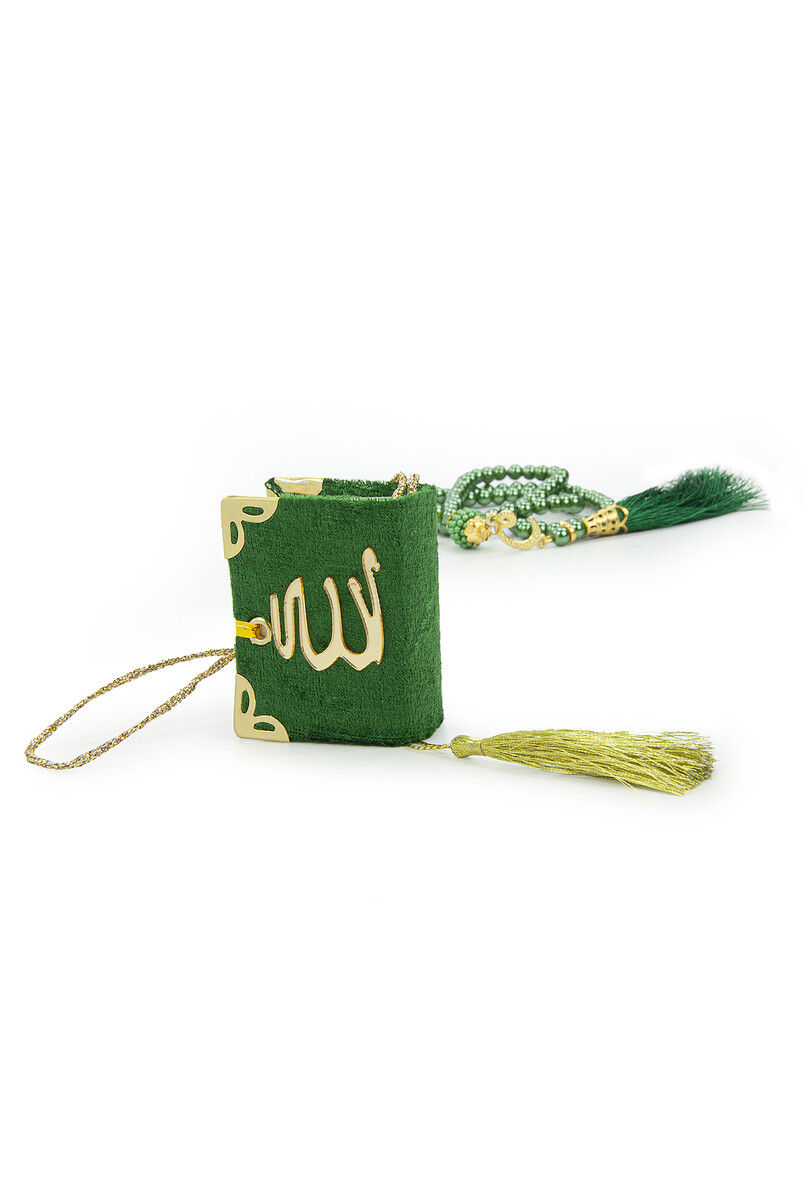 Specially Designed Cylinder Boxed Mini Quran with Pearl Prayer Beads Mevlüt Gift Set Green - 6