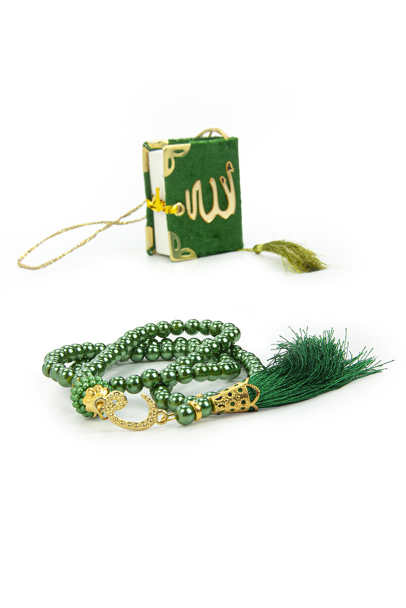 Specially Designed Cylinder Boxed Mini Quran with Pearl Prayer Beads Mevlüt Gift Set Green - 7