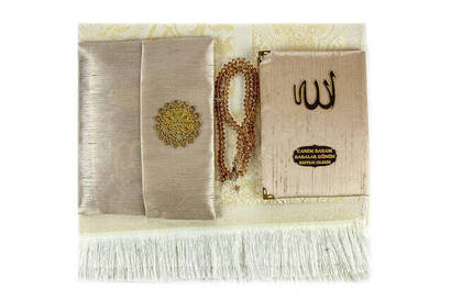 Special Name Printed Fabric Coated Yasin Book For Father's Day Seccadeli Rosary Marsupian Set - Cream Color - 4