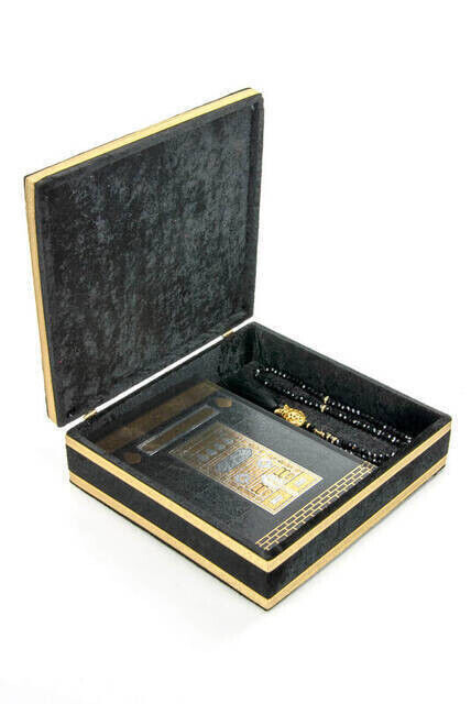 Special Velvet Covered Chest Holy Quran and Rosary Religious Gift - Black - 3