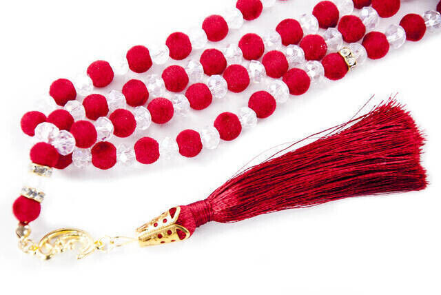 Special Velvet Patterned Tasseled 99 Piece Crystal Hajj Umrah Gift Prayer Beads - Kırmızıv - 2