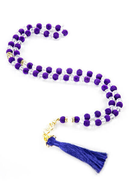 Special Velvet Patterned Tasseled 99 Piece Crystal Hajj Umrah Gift Prayer Beads - Purple - 1