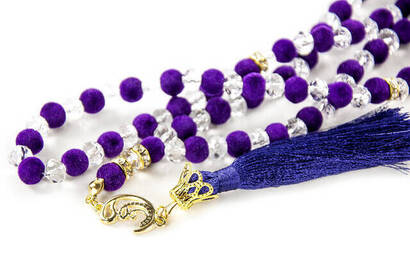 Special Velvet Patterned Tasseled 99 Piece Crystal Hajj Umrah Gift Prayer Beads - Purple - 3