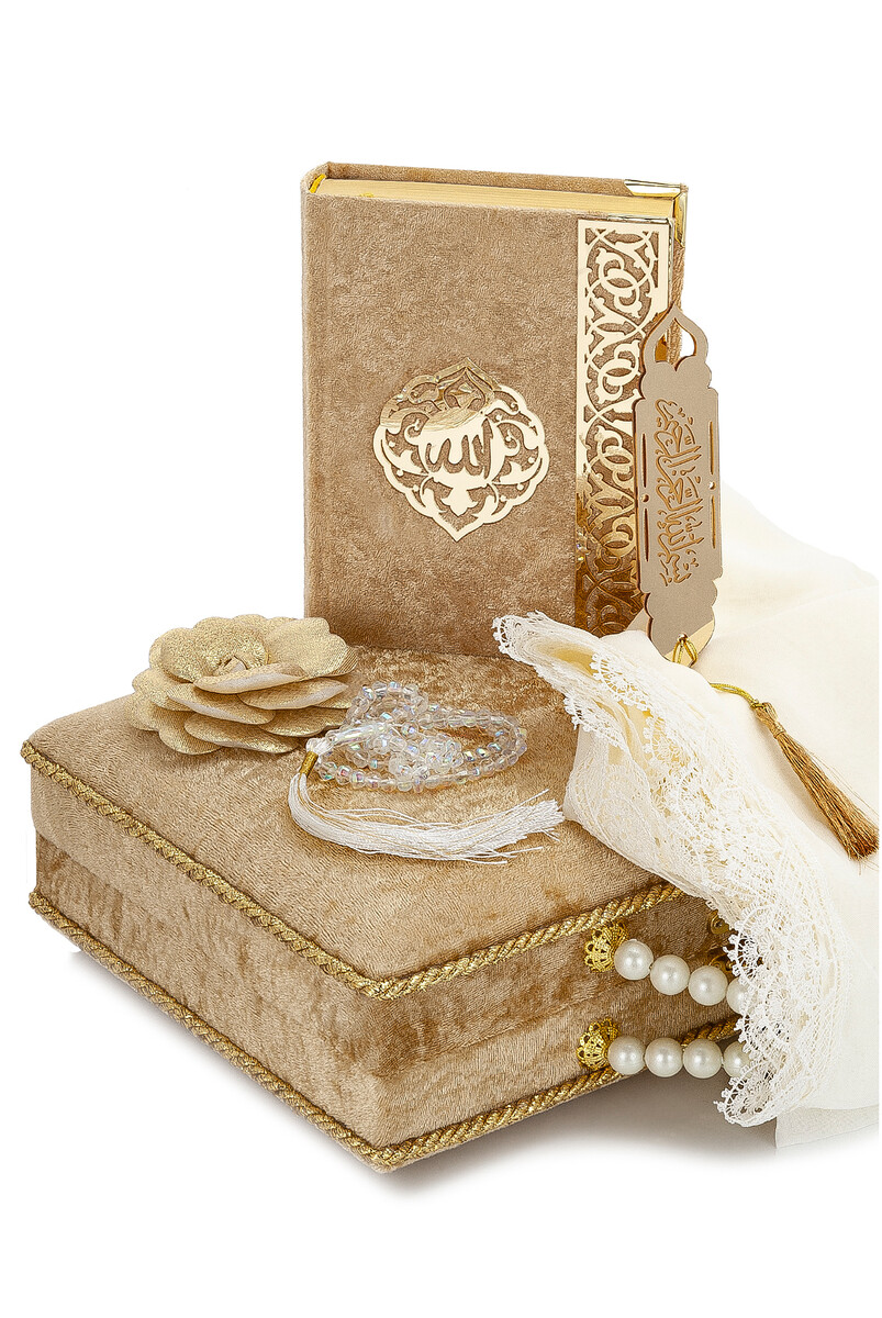 Sponge Velvet Covered Box Bag Boy Pearl Series Gift Quran Set - Gold - 3