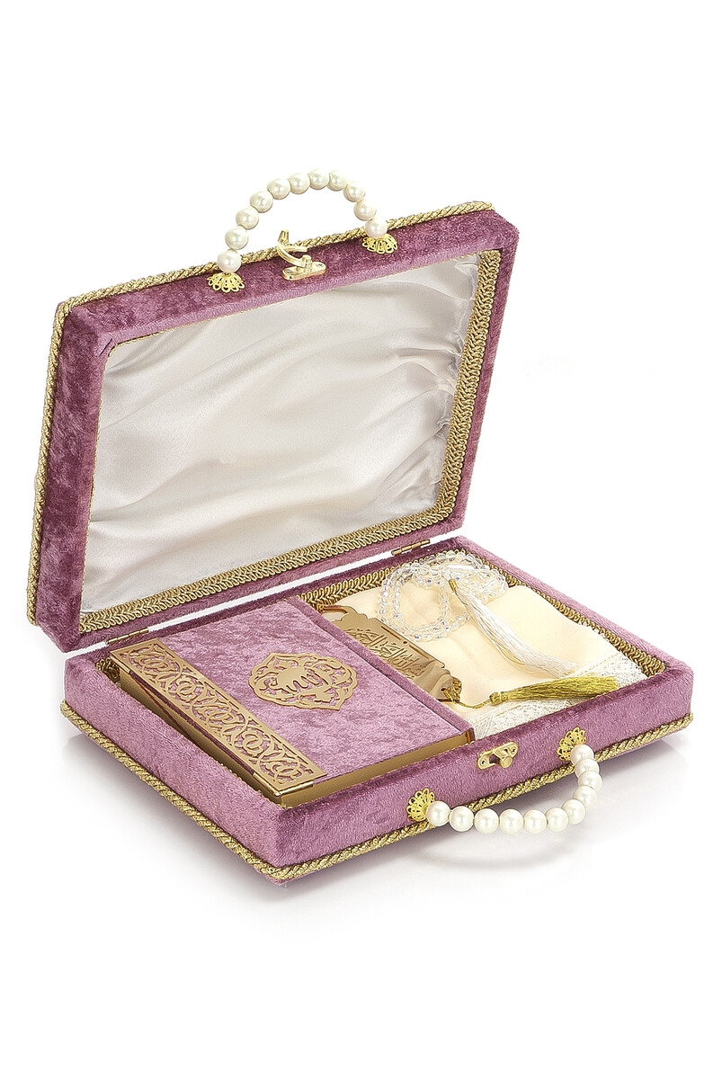 Sponge Velvet Covered Box Bag Boy Pearl Series Gift Quran Set - Pink - 1