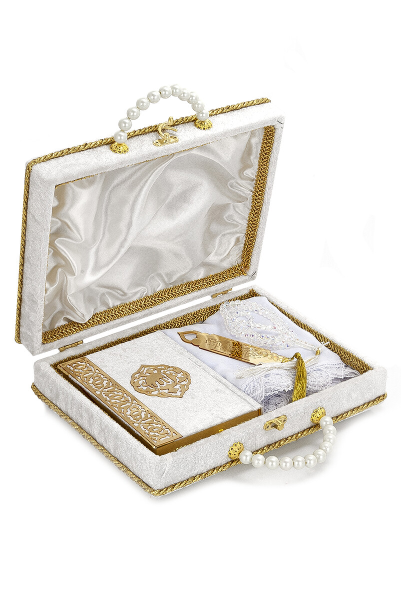 Sponge Velvet Covered Box Bag Boy Pearl Series Gift Quran Set - White - 1