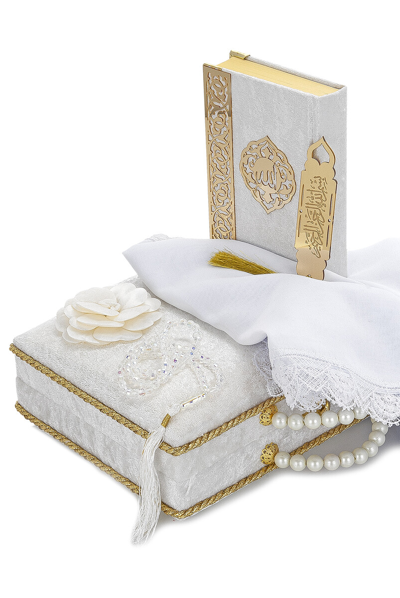 Sponge Velvet Covered Box Bag Boy Pearl Series Gift Quran Set - White - 3