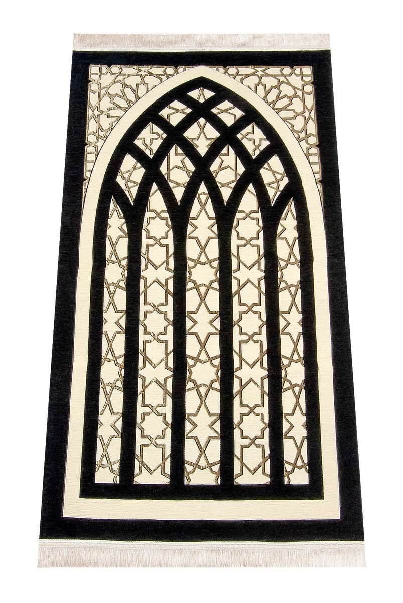 Star Patterned Chenille Prayer Rug - Black - 1