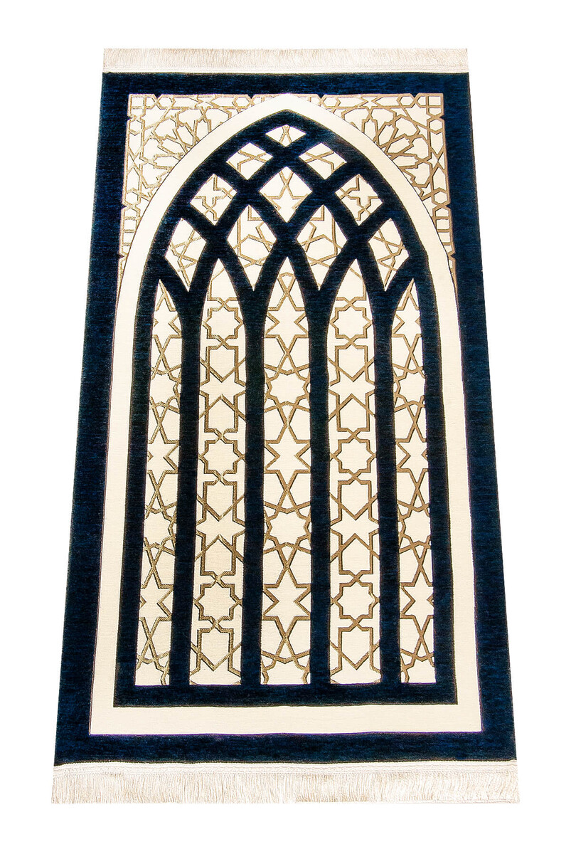 Star Patterned Chenille Prayer Rug - Navy Blue - 1