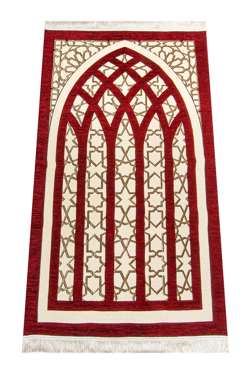 Star Patterned Chenille Prayer Rug - Red - 1