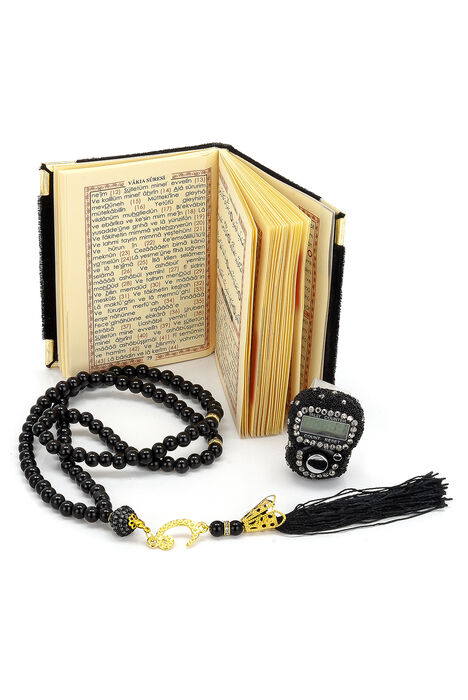 Stone Zikirmatik - Mini Velvet Yasin - Gift Set with Pearl Rosary - Black Color - 2