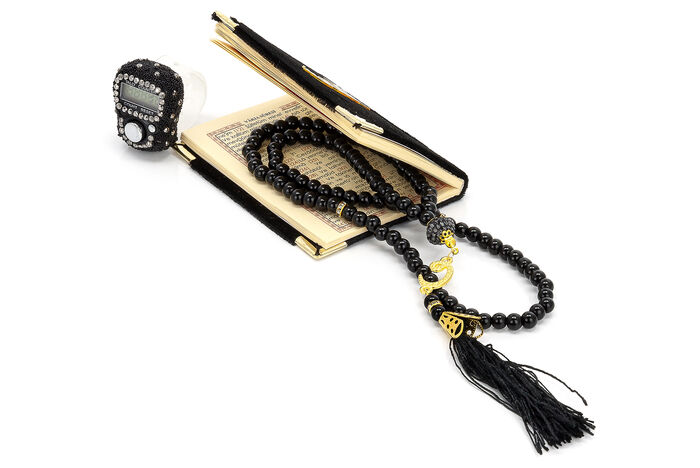 Stone Zikirmatik - Mini Velvet Yasin - Gift Set with Pearl Rosary - Black Color - 3