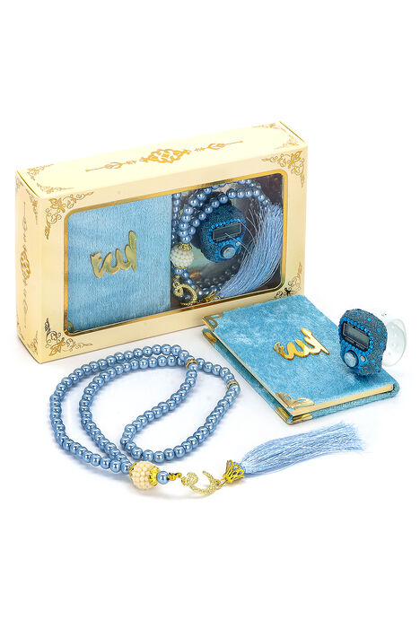 Stone Zikirmatik - Mini Velvet Yasin - Gift Set with Pearl Rosary - Blue Color - 1