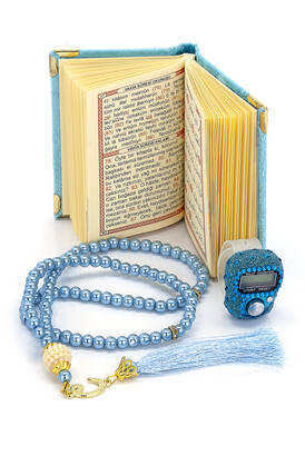 Stone Zikirmatik - Mini Velvet Yasin - Gift Set with Pearl Rosary - Blue Color - 3