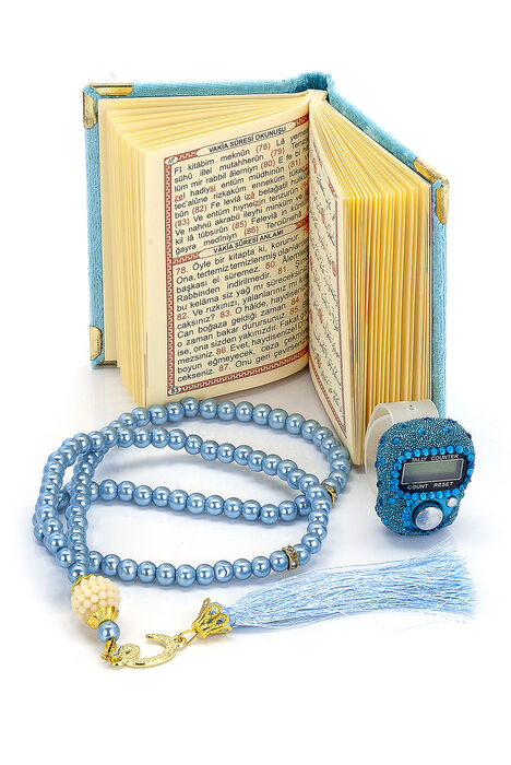 Stone Zikirmatik - Mini Velvet Yasin - Gift Set with Pearl Rosary - Blue Color - 3