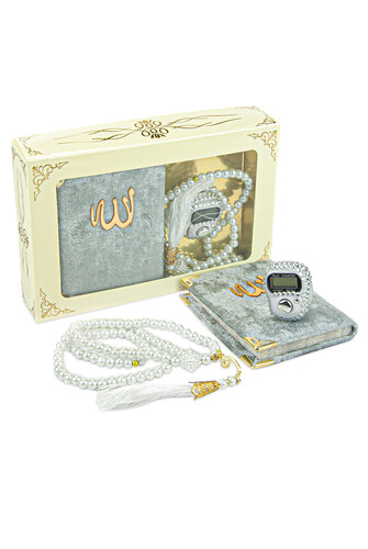 Stone Zikirmatik - Mini Velvet Yasin - Gift Set with Pearl Rosary - Gray Color - 1