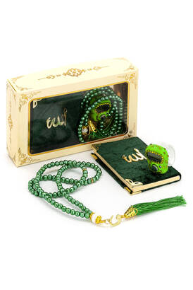 Stone Zikirmatik - Mini Velvet Yasin - Gift Set with Pearl Rosary - Green Color - 1