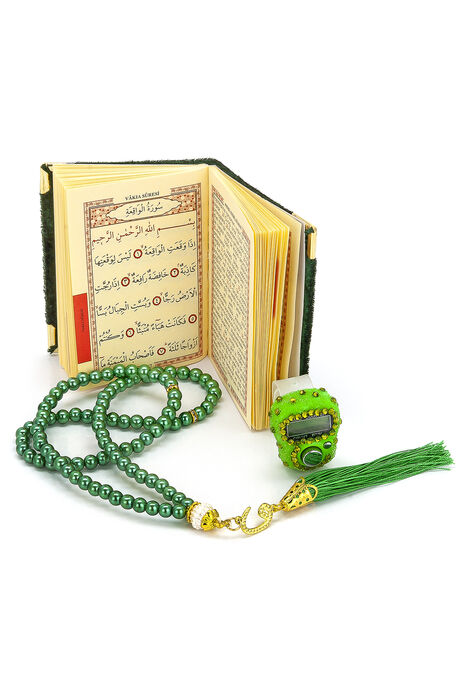 Stone Zikirmatik - Mini Velvet Yasin - Gift Set with Pearl Rosary - Green Color - 2