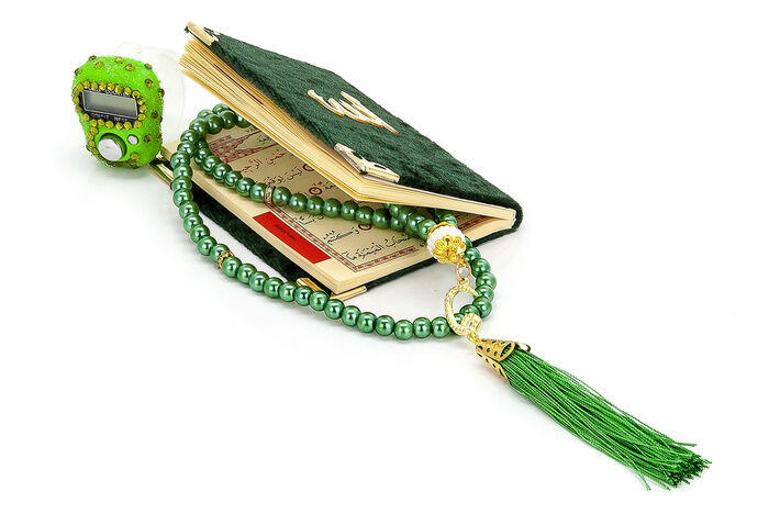 Stone Zikirmatik - Mini Velvet Yasin - Gift Set with Pearl Rosary - Green Color - 3