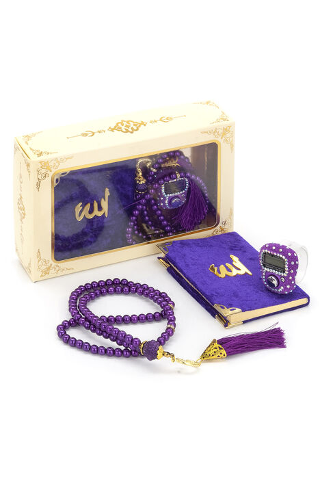 Stone Zikirmatik - Mini Velvet Yasin - Gift Set with Pearl Rosary - Purple Color - 1