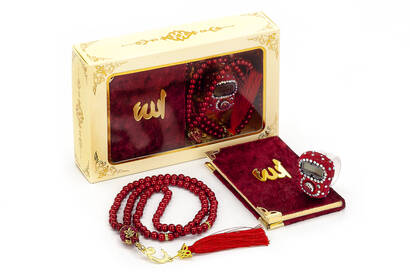 Stone Zikirmatik - Mini Velvet Yasin - Pearl Rosary Gift Set - Claret Red - 2