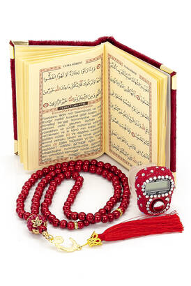 Stone Zikirmatik - Mini Velvet Yasin - Pearl Rosary Gift Set - Claret Red - 3