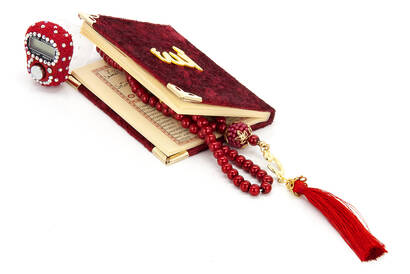 Stone Zikirmatik - Mini Velvet Yasin - Pearl Rosary Gift Set - Claret Red - 4