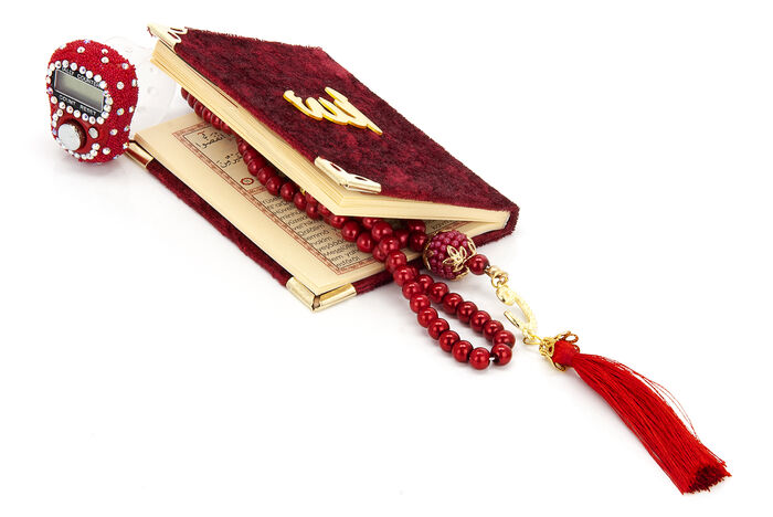 Stone Zikirmatik - Mini Velvet Yasin - Pearl Rosary Gift Set - Claret Red - 4