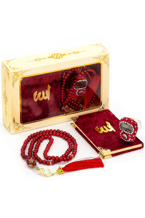 Stone Zikirmatik - Mini Velvet Yasin - Pearl Rosary Gift Set - Claret Red - 1