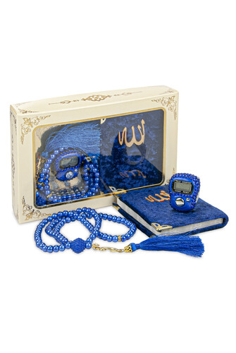 Stone Zikirmatik - Mini Velvet Yasin - Pearl Rosary Gift Set - Navy Blue Color - 1