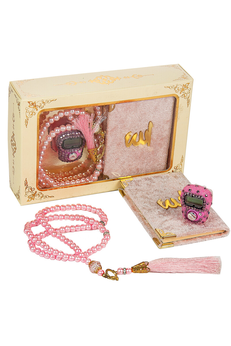 Stone Zikirmatik - Mini Velvet Yasin - Pearl Rosary Gift Set - Pink Color - 1