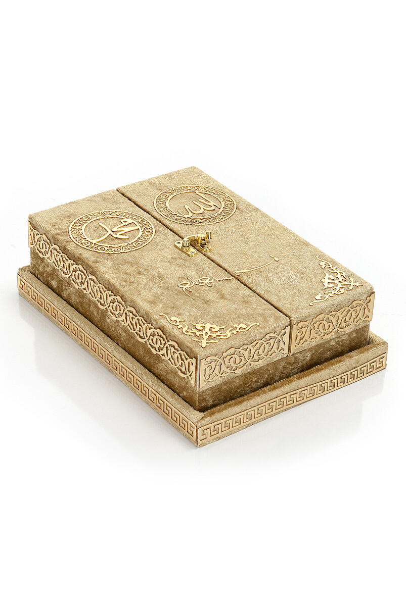 Table Top Double Covered Quran Set With Velvet Covered Chest - Gold - 3