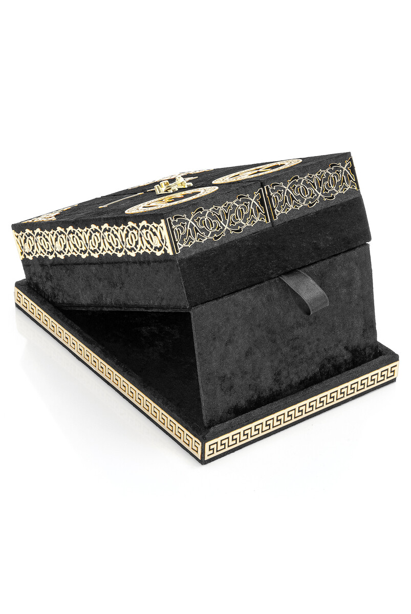 Table Top Koran Set With Double Door Velvet Covered Chest - Black - 5