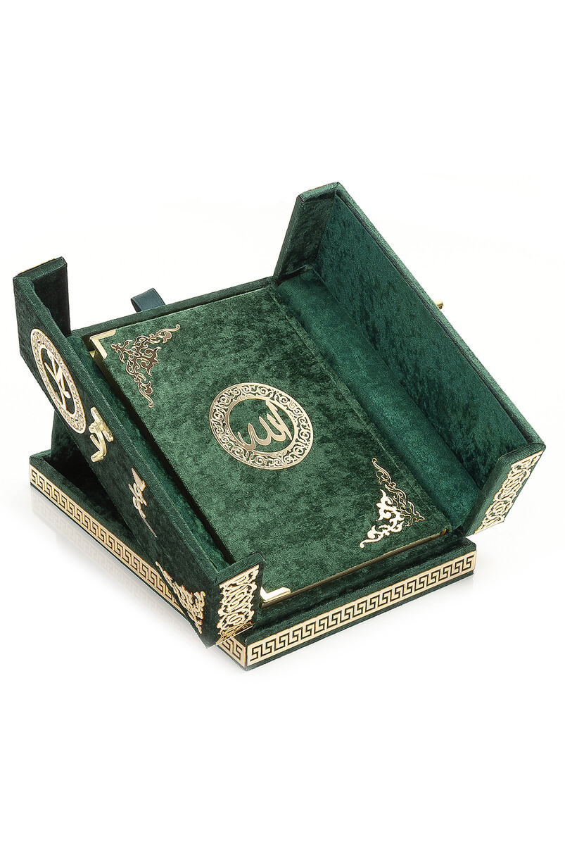 Table Top Koran Set With Double Door Velvet Covered Chest - Green - 1