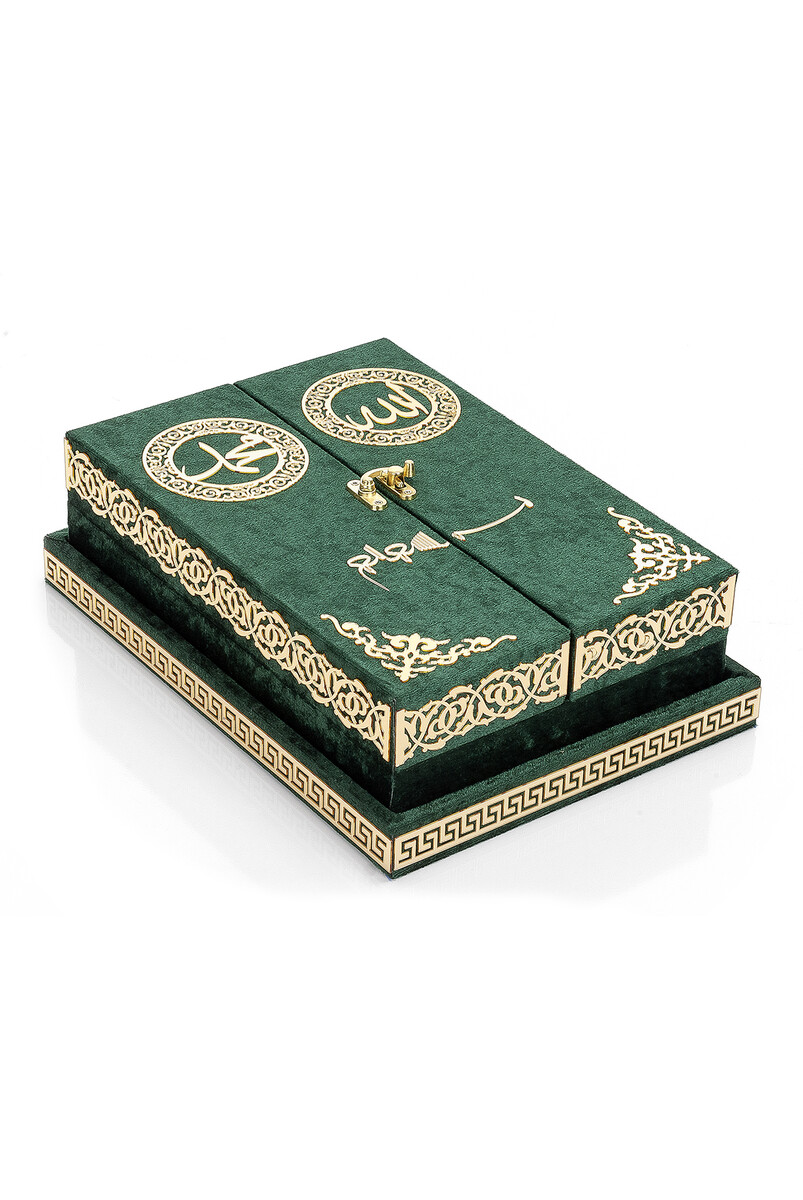 Table Top Koran Set With Double Door Velvet Covered Chest - Green - 3