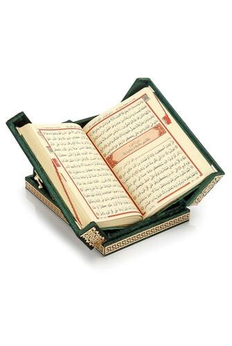 Table Top Koran Set With Double Door Velvet Covered Chest - Green - 4