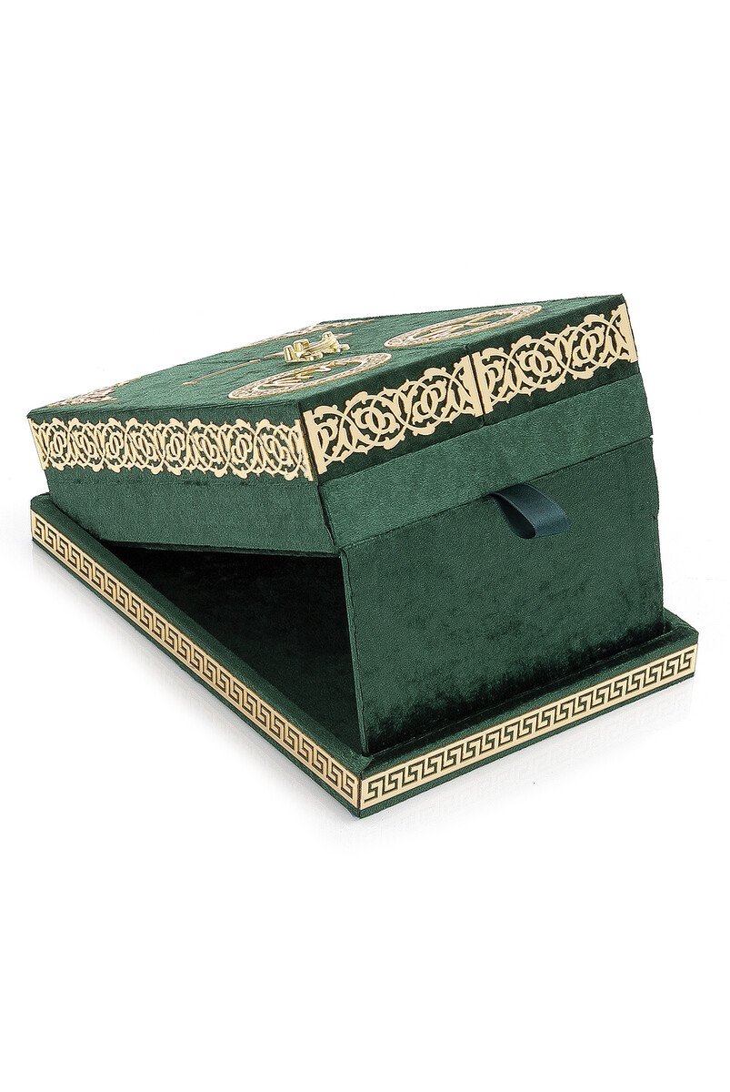 Table Top Koran Set With Double Door Velvet Covered Chest - Green - 5