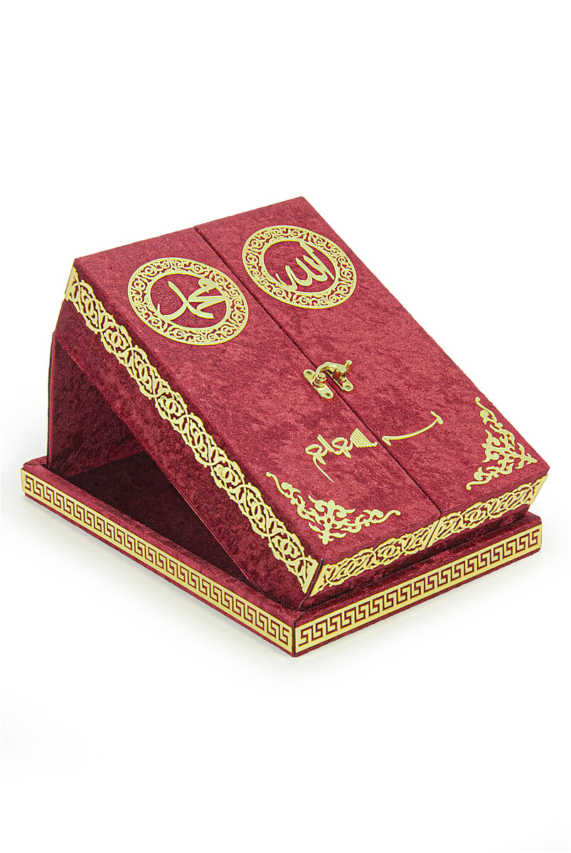 Table Top Koran Set With Double Door Velvet Covered Chest - Red - 3