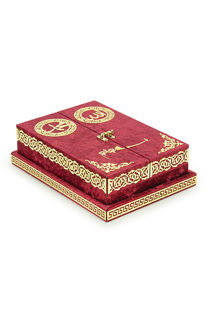 Table Top Koran Set With Double Door Velvet Covered Chest - Red - 4