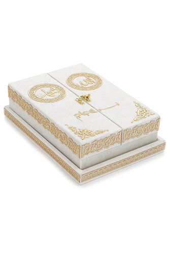 Table Top Koran Set With Double Door Velvet Covered Chest - White - 3