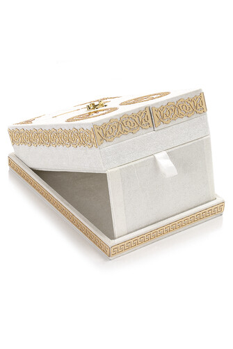 Table Top Koran Set With Double Door Velvet Covered Chest - White - 5