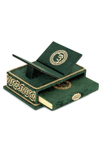 Table Top Velvet Covered Holy Quran Set with Recliners - Rahiya Series Green - 1