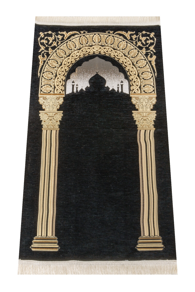 Taj Mahal Patterned Chenille Prayer Rug - Black Color - 1