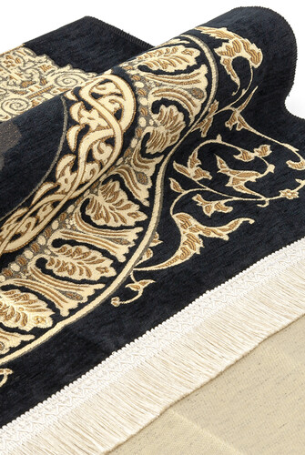 Taj Mahal Patterned Chenille Prayer Rug - Black Color - 2