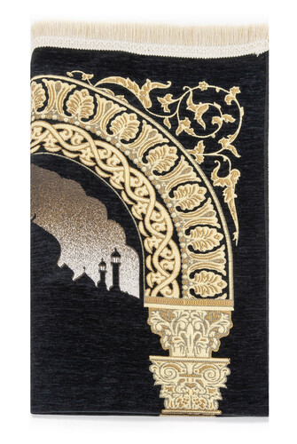 Taj Mahal Patterned Chenille Prayer Rug - Black Color - 3