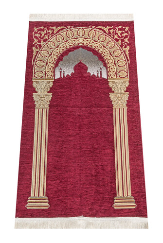 Taj Mahal Patterned Chenille Prayer Rug - Claret Red - 1